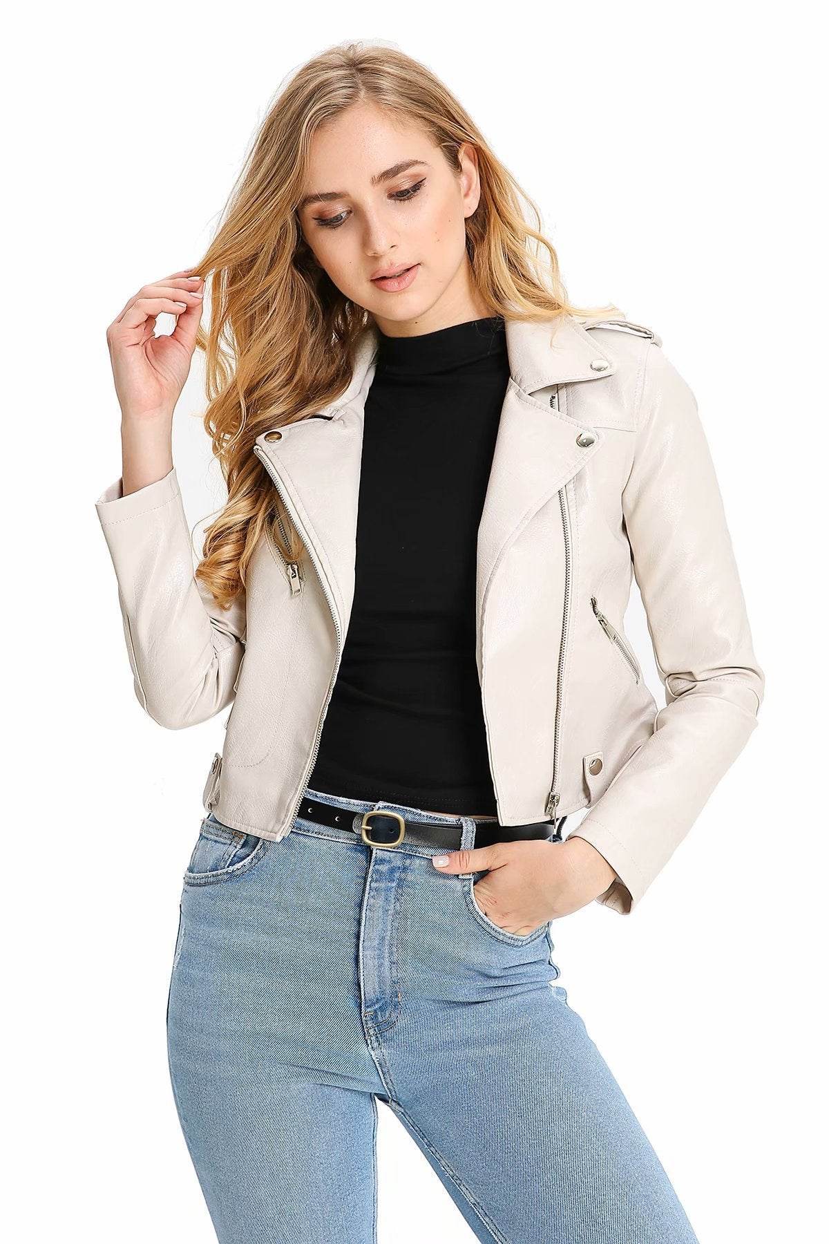 Buycenter Women's Slim-fit PU Motorcycle Jacket - Short Fashion Style - Buy Center