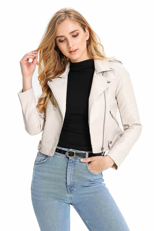Buycenter Women's Slim-fit PU Motorcycle Jacket - Short Fashion Style - Buy Center