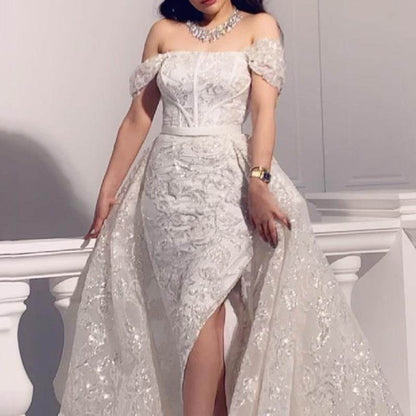 Buycenter Short-Sleeved Sequined Evening Gown - Elegant Polyester Dress - Buy Center