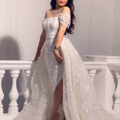 Buycenter Short-Sleeved Sequined Evening Gown - Elegant Polyester Dress - Buy Center