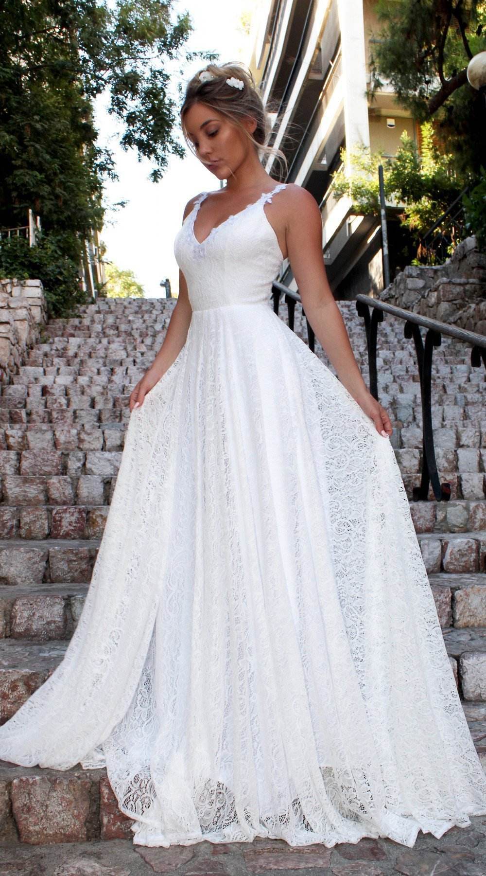 Buycenter V-Neck Lace Dress - Elegant Wedding Gown with Swing Skirt - Buy Center