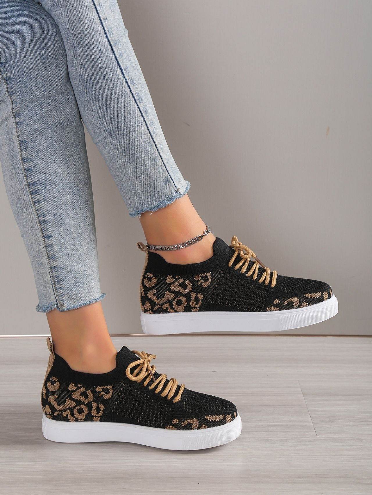 Buycenter Women's Casual Sports Flats - Leopard Print Flyknit Shoes - Buy Center