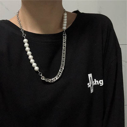 Cool Hip Hop Titanium Steel Pearl Necklace - 55cm Geometric Design - Buy Center