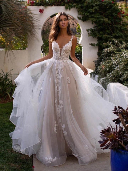 Elegant Deep V Slim Wedding Dress - Lace Suspender Evening Gown - Buy Center