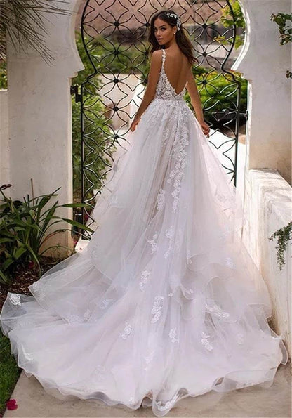 Elegant Deep V Slim Wedding Dress - Lace Suspender Evening Gown - Buy Center