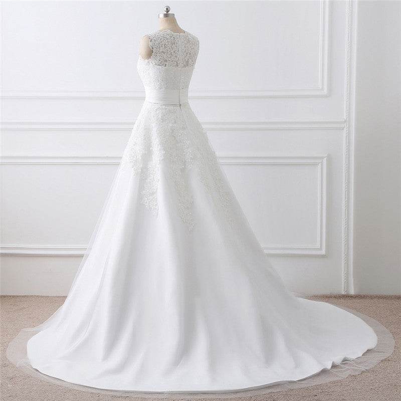 Elegant Two-Piece White Wedding Dress - Satin Fabric & Round Neck Style - Buy Center