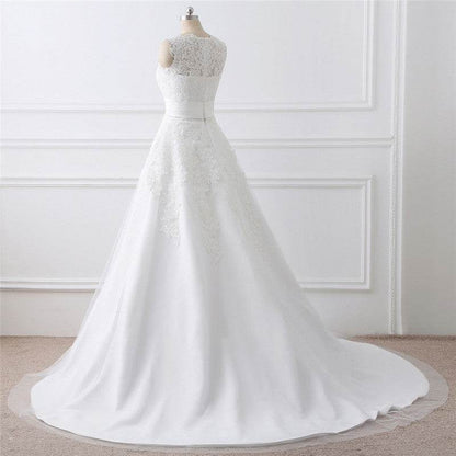 Elegant Two-Piece White Wedding Dress - Satin Fabric & Round Neck Style - Buy Center