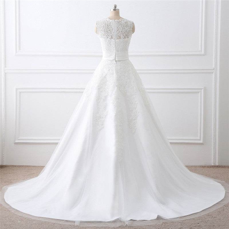 Elegant Two-Piece White Wedding Dress - Satin Fabric & Round Neck Style - Buy Center