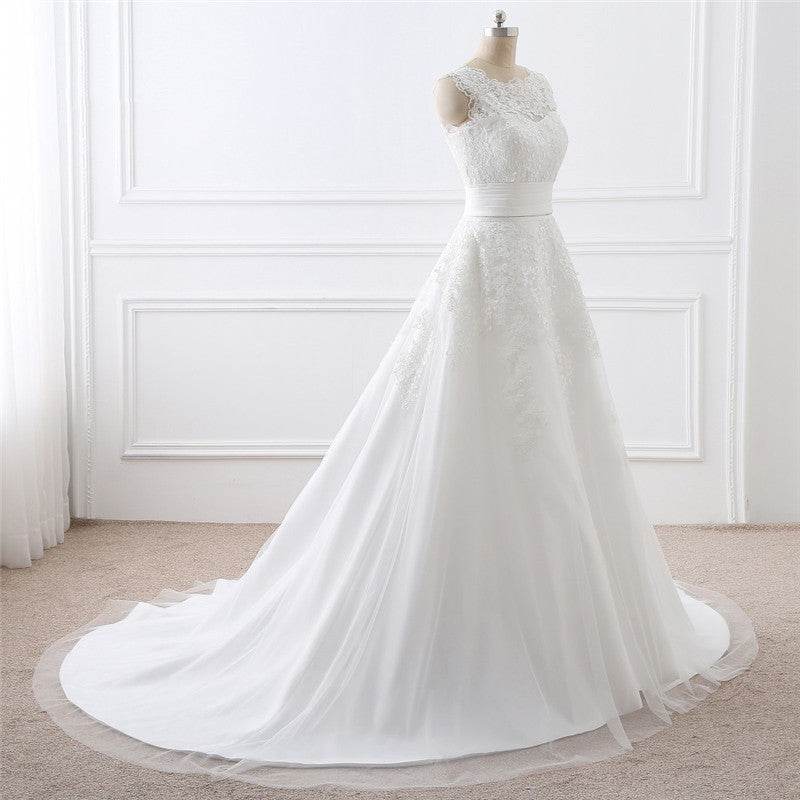 Elegant Two-Piece White Wedding Dress - Satin Fabric & Round Neck Style - Buy Center