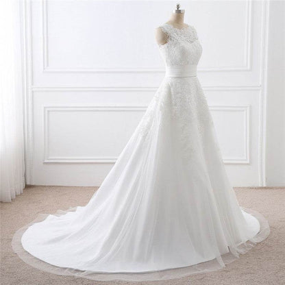Elegant Two-Piece White Wedding Dress - Satin Fabric & Round Neck Style - Buy Center