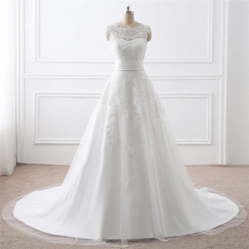 Elegant Two-Piece White Wedding Dress - Satin Fabric & Round Neck Style - Buy Center