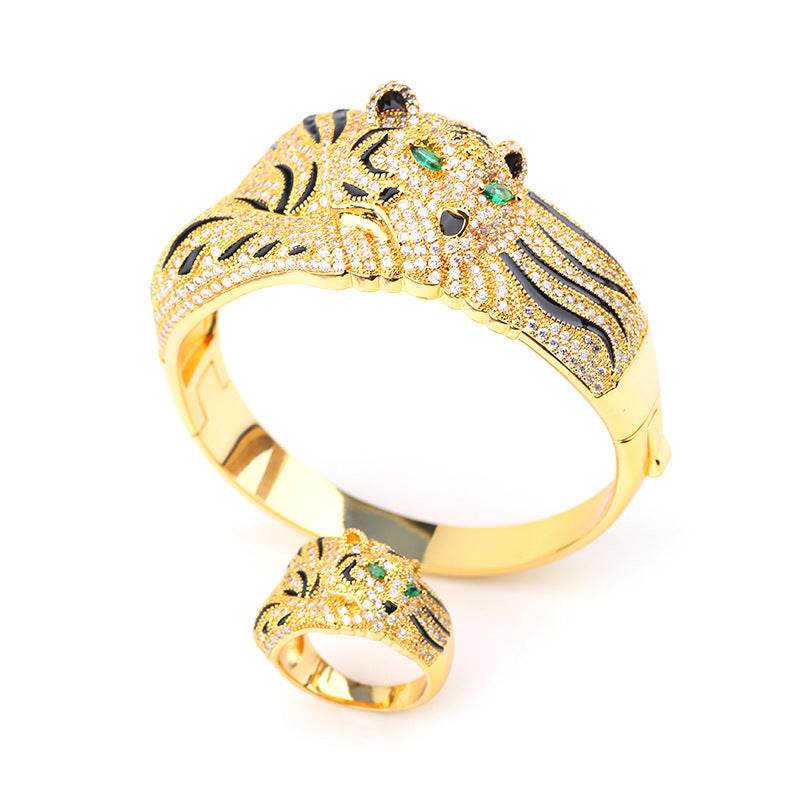 Fashion Big Leopard Rhinestone Bracelet & Ring Set - Unisex Jewelry 2025 - Buy Center