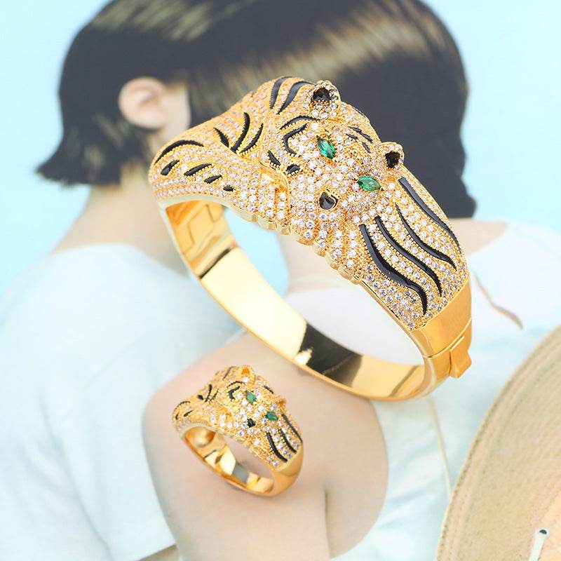 Fashion Big Leopard Rhinestone Bracelet & Ring Set - Unisex Jewelry 2025 - Buy Center