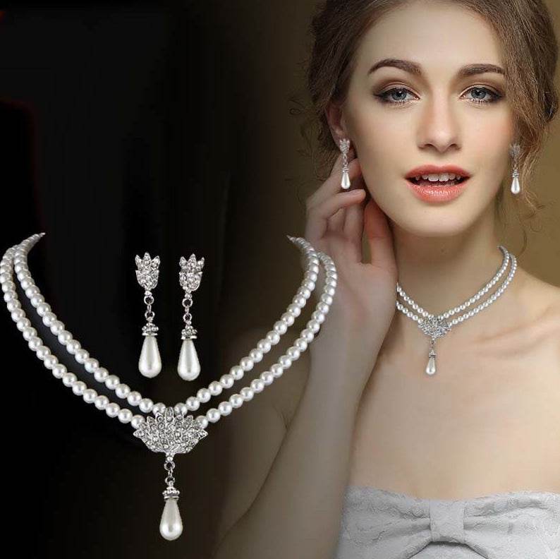 Elegant Pearl Crystal Necklace Set & Earrings - Premium European Style Jewelry - Buy Center