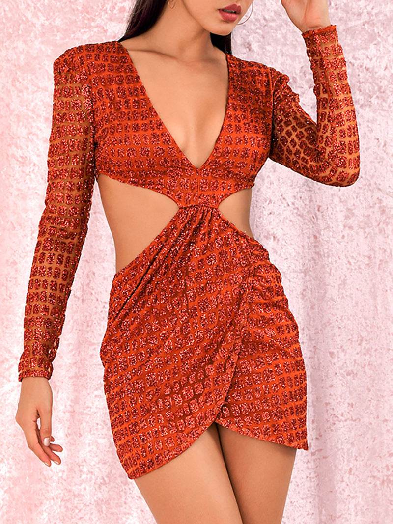 Buycenter Long Sleeve Mini Dress - Orange Deep V-neck Party Style - Buy Center