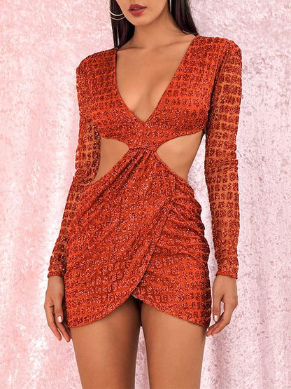 Buycenter Long Sleeve Mini Dress - Orange Deep V-neck Party Style - Buy Center
