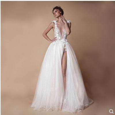 Angel Wedding Dress - Diamond Lace Collar & Chic High Slit Back Design - Buy Center