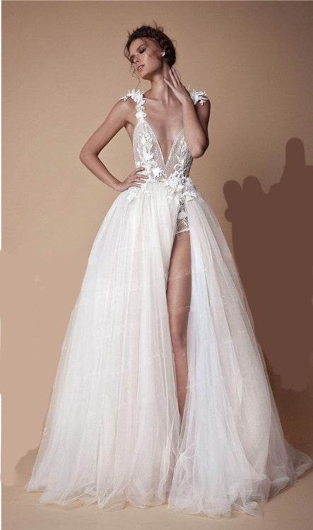Angel Wedding Dress - Diamond Lace Collar & Chic High Slit Back Design - Buy Center