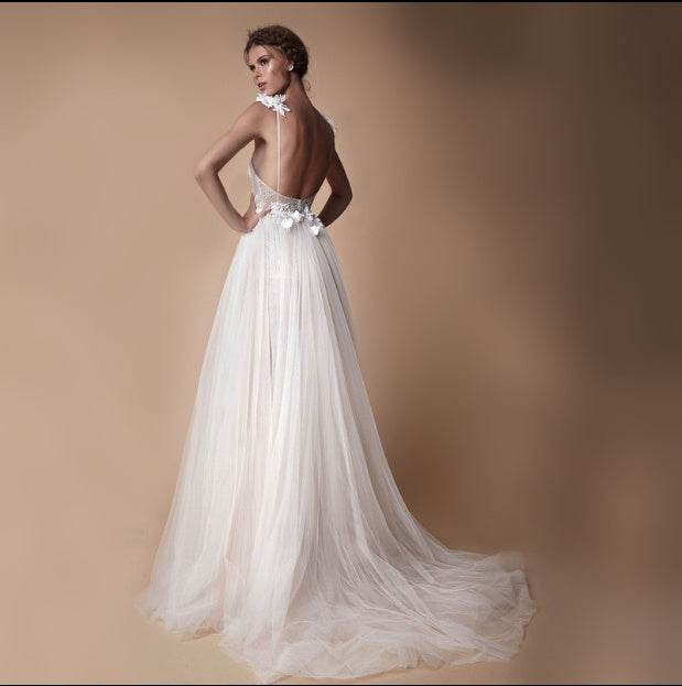 Angel Wedding Dress - Diamond Lace Collar & Chic High Slit Back Design - Buy Center