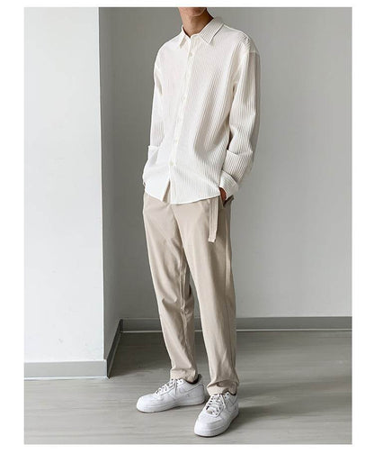 Buycenter Men’s Casual Long-Sleeved Shirt - Thin, Retro Striped Style - Buy Center