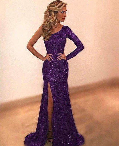 Women's One Shoulder Evening Dress - Long Sleeve, Stylish Bronzing - Buy Center