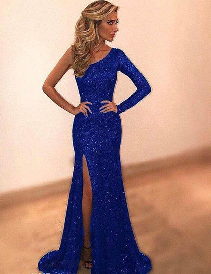 Women's One Shoulder Evening Dress - Long Sleeve, Stylish Bronzing - Buy Center