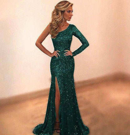 Women's One Shoulder Evening Dress - Long Sleeve, Stylish Bronzing - Buy Center