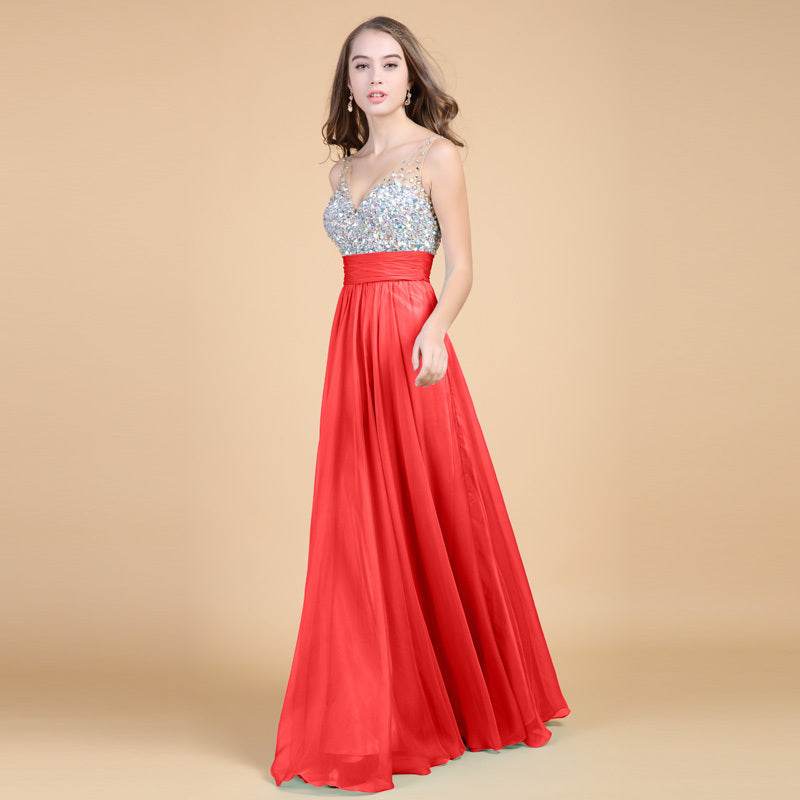 Elegant Chiffon Evening Dress - Long Skirt, Deep V-Neck for Weddings - Buy Center