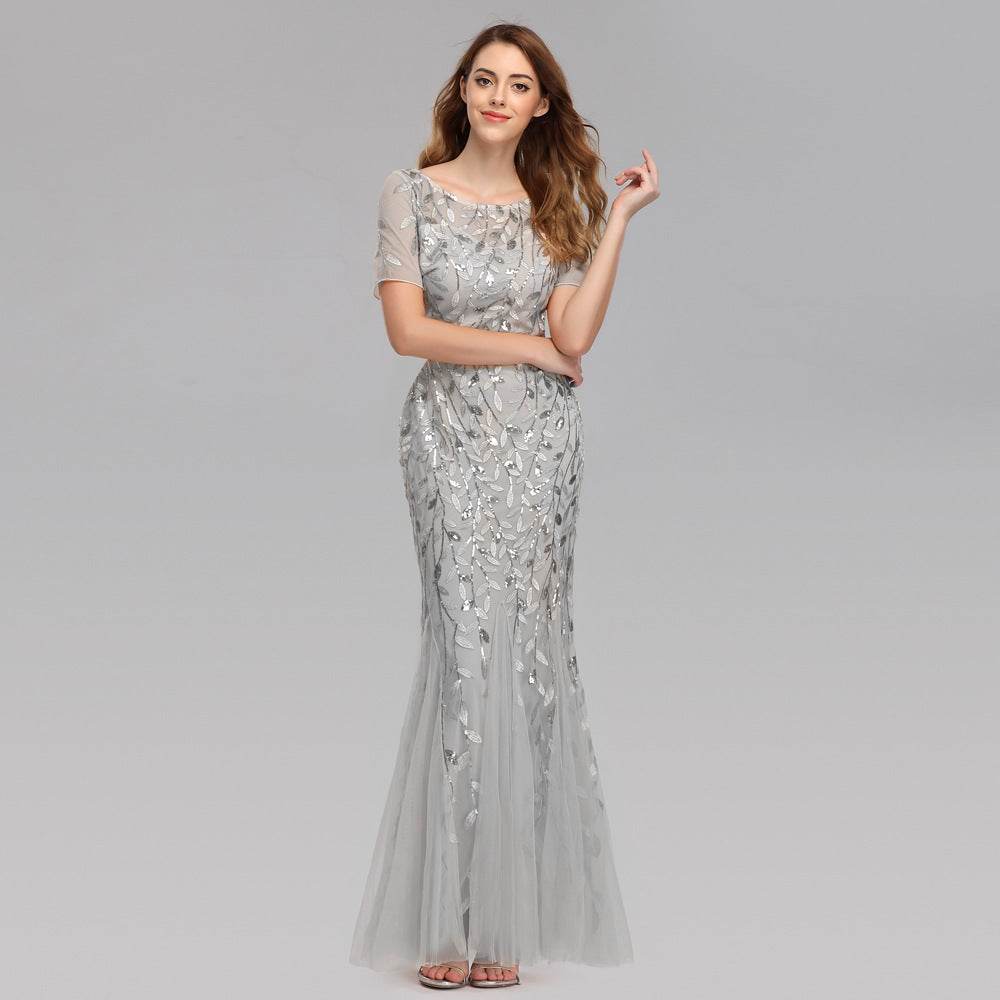 Buycenter Large Size Evening Dress - Slim Fit Pearl Mesh Fishtail Design - Buy Center