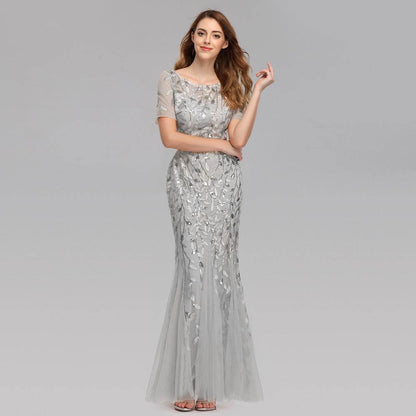 Buycenter Large Size Evening Dress - Slim Fit Pearl Mesh Fishtail Design - Buy Center