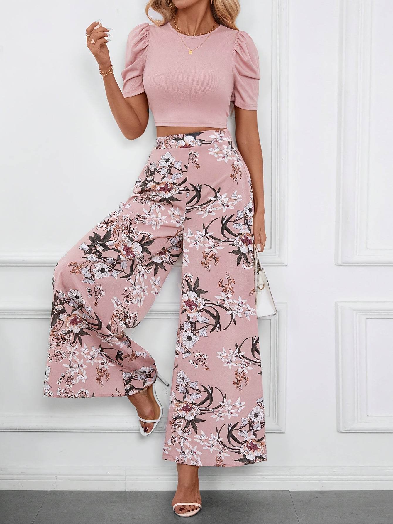 Elegant Women's Two-Piece Set - Pink Bubble Sleeve Top & Floral Pants - Buy Center