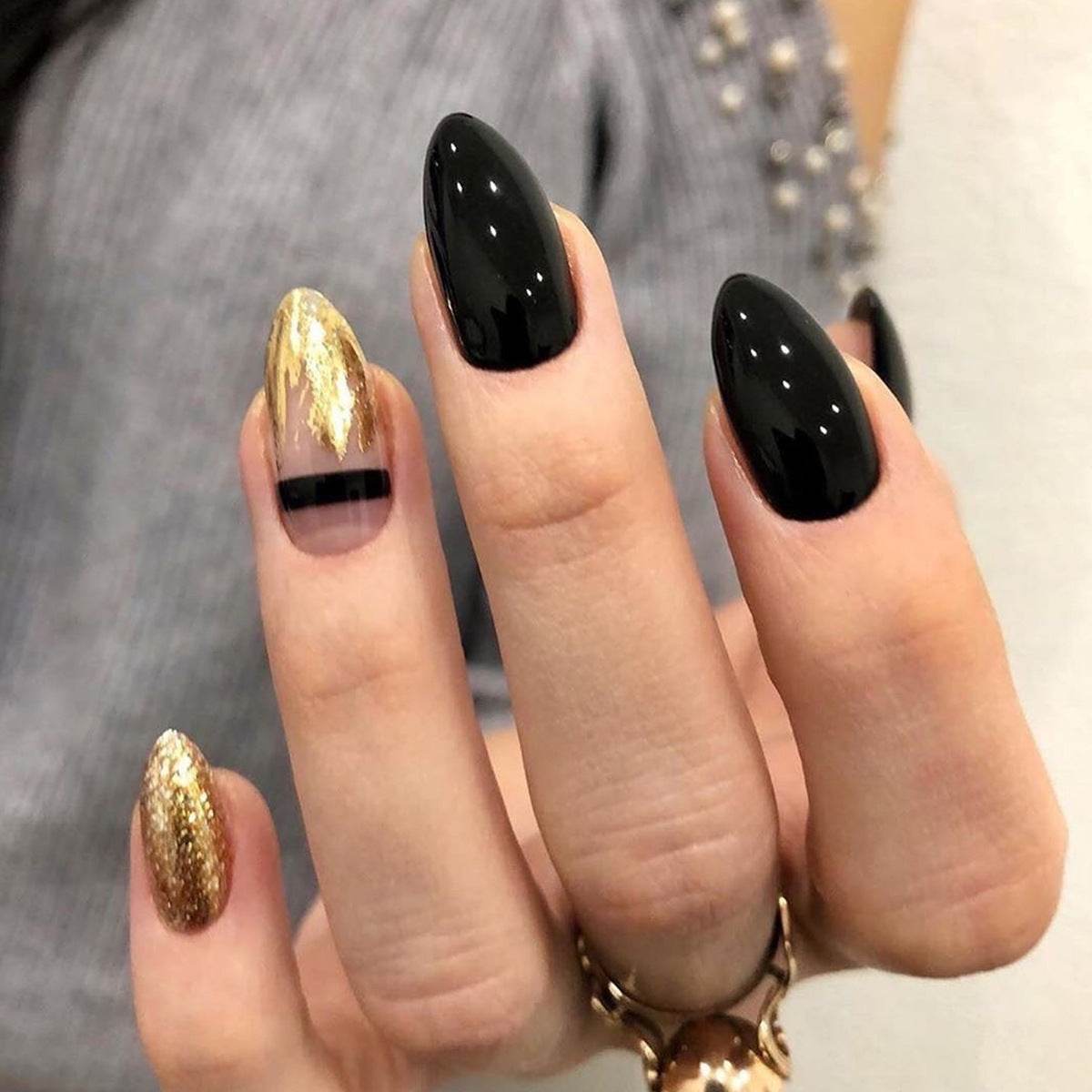 Black Gold Glitter Pointed Fake Nails - 24 Pack for Glamorous Manicures - Buy Center