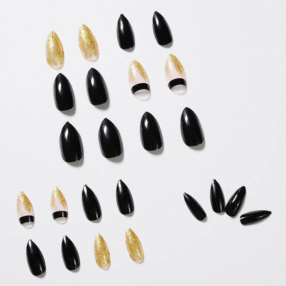 Black Gold Glitter Pointed Fake Nails - 24 Pack for Glamorous Manicures - Buy Center