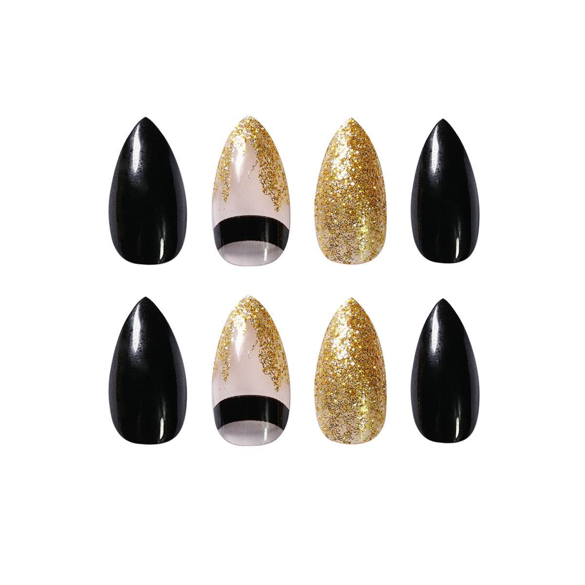 Black Gold Glitter Pointed Fake Nails - 24 Pack for Glamorous Manicures - Buy Center