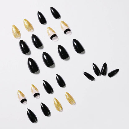 Black Gold Glitter Pointed Fake Nails - 24 Pack for Glamorous Manicures - Buy Center
