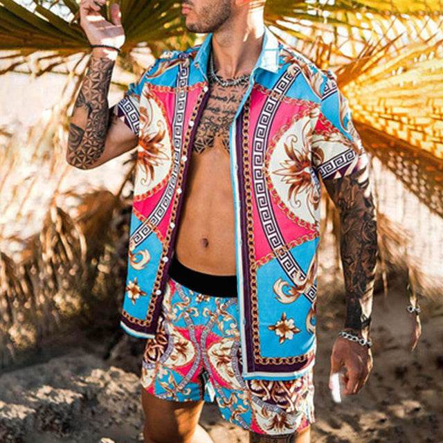 Floral Beach Two-Piece Suit for Men - Trendy Pajama Set for Relaxation - Buy Center