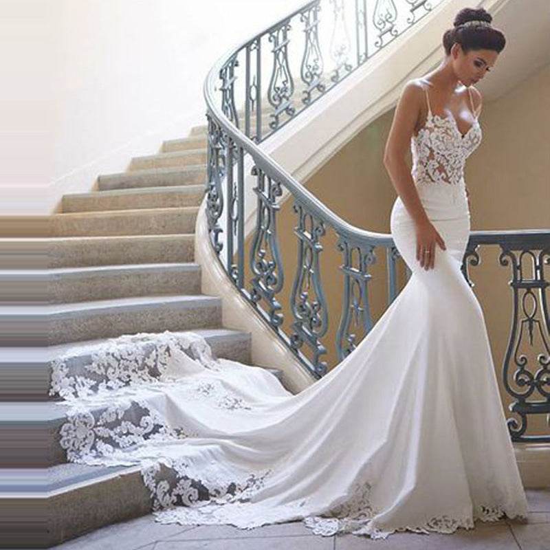 Elegant Spaghetti Straps Lace Bridal Gown - Pure White & Ivory Options - Buy Center