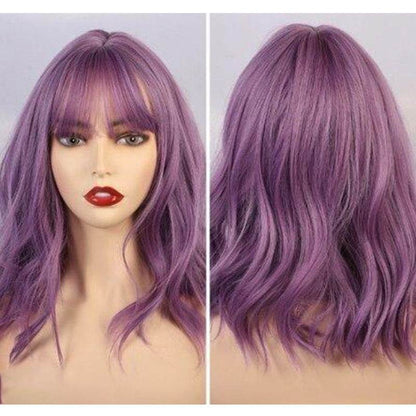 New Natural Wave Purple Wig - Short Curly Hair with Chic Bangs - Buy Center