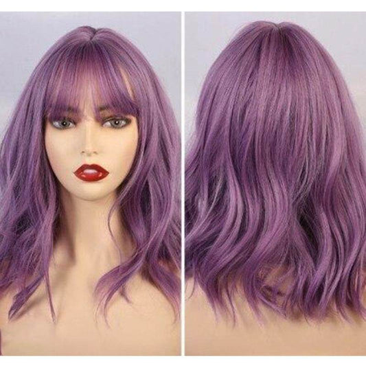 New Natural Wave Purple Wig - Short Curly Hair with Chic Bangs - Buy Center