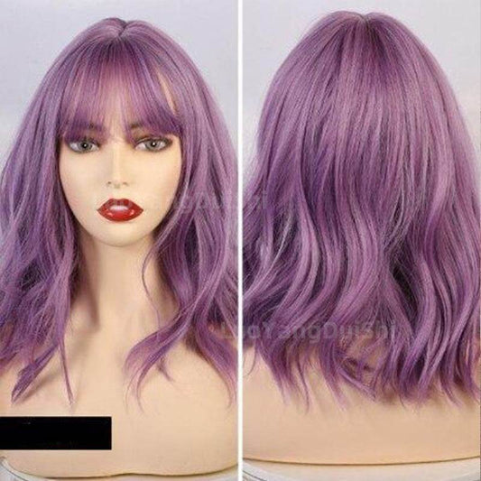 New Natural Wave Purple Wig - Short Curly Hair with Chic Bangs - Buy Center