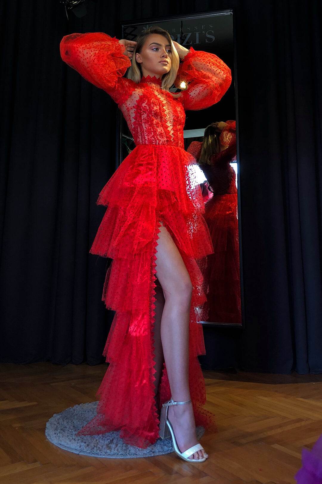 Buycenter Sexy Mesh Evening Dress - Long Sleeve Prom Dress in Red - Buy Center