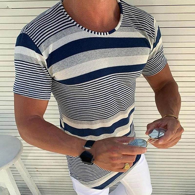 Buycenter Striped Woolen T-shirt - Round Neck Short Sleeve in Dark Blue - Buy Center