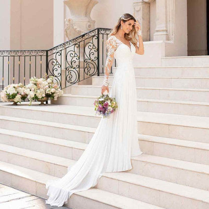 Elegant White Deep V-Neck Wedding Dress - Backless, Sleeveless Gown - Buy Center