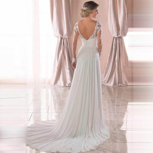 Elegant White Deep V-Neck Wedding Dress - Backless, Sleeveless Gown - Buy Center