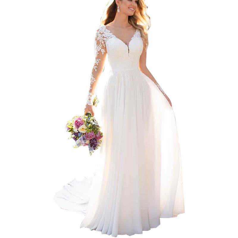 Elegant White Deep V-Neck Wedding Dress - Backless, Sleeveless Gown - Buy Center