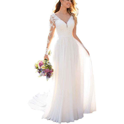Elegant White Deep V-Neck Wedding Dress - Backless, Sleeveless Gown - Buy Center