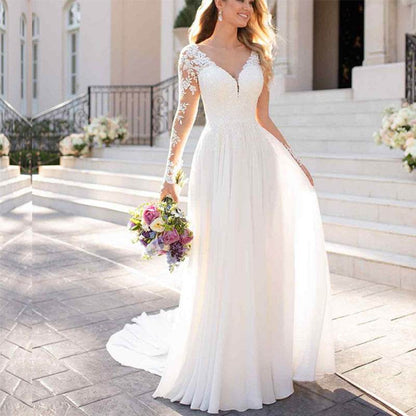 Elegant White Deep V-Neck Wedding Dress - Backless, Sleeveless Gown - Buy Center