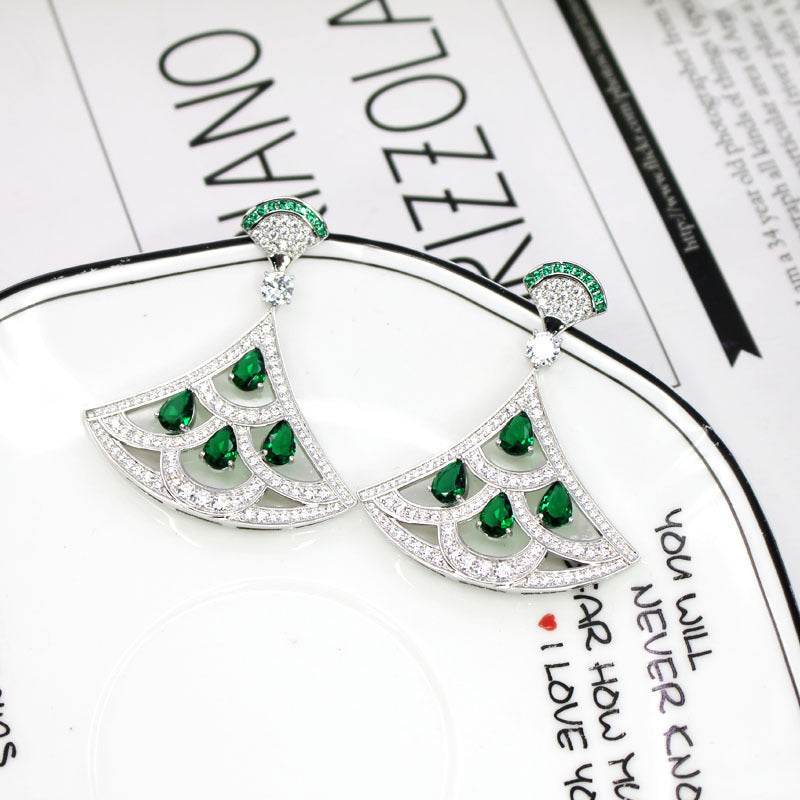 Green Zircon Fan-Shaped Earrings - Gold-Plated with Diamond Accents - Buy Center
