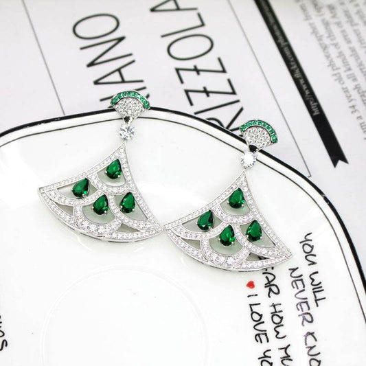 Green Zircon Fan-Shaped Earrings - Gold-Plated with Diamond Accents - Buy Center