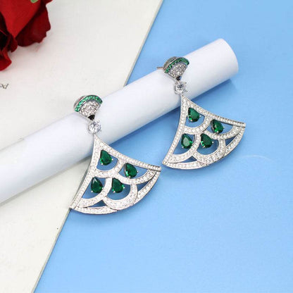 Green Zircon Fan-Shaped Earrings - Gold-Plated with Diamond Accents - Buy Center